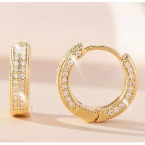 14k Gold Plated Simulated Diamond Huggie Earrings - Picture 8 of 10